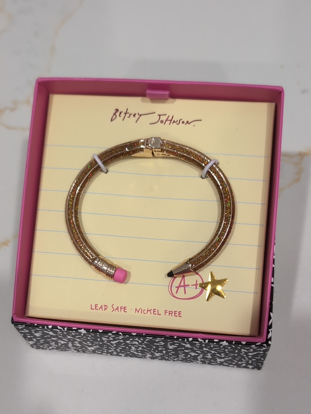 Betsey Johnson Gold Glitter Hinged Pencil  Bracelet with Pink Tip New